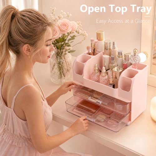Makeup Organizer for Vanity with Brush Holder, Countertop Bathroom Cosmetic Organizer Skin Care Storage, Large Easy to S