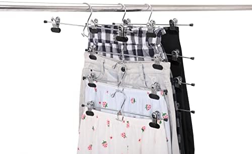 6 Quality Pants Hangers Heavy Duty Add-on Skirt/Slack Metal Hanger, Extra Wide Adjustable Clips, Multi Stackable Add on Hangers, Chrome, Jeans, Bottoms, Set of 6