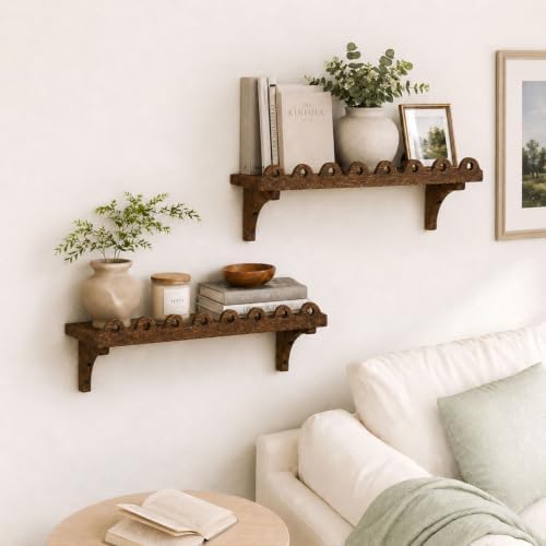 Scalloped Wood Wall Shelves, 17-Inch Wavy Rustic Floating Shelves, Set of 2