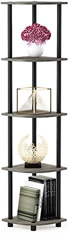 Furinno Turn-N-Tube Toolless Assembly Corner Shelf, 5-Tier Grey Corner Bookshelf, Open Storage Shelves, for Organization