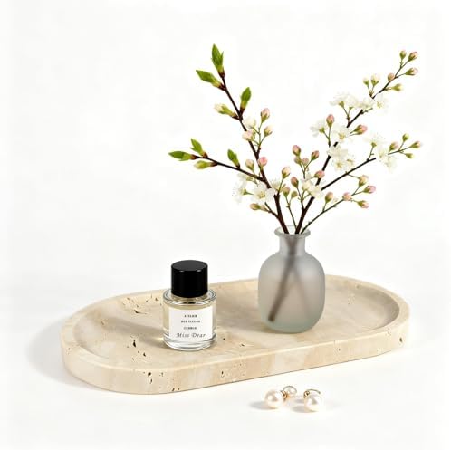 Natural Travertine Vanity Tray for Bathroom Countertop, 12" L x 6" W Light Beige Cream Decorative Tray with 4 Non-Slip S