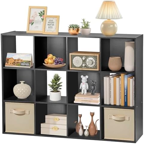 12 Cube Storage Organizer, Storage Shelf Organizer Bookshelf with Open Back, Open Shelf Bookcase, Wood Cubby Closet Cabi