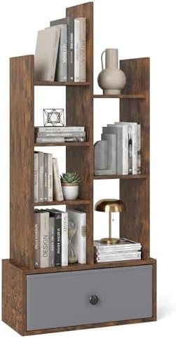 Tangkula 7-Tier Narrow Bookshelf with Fabric Drawer, Staggered Geometric Bookcase for Small Spaces, Industrial Wooden St
