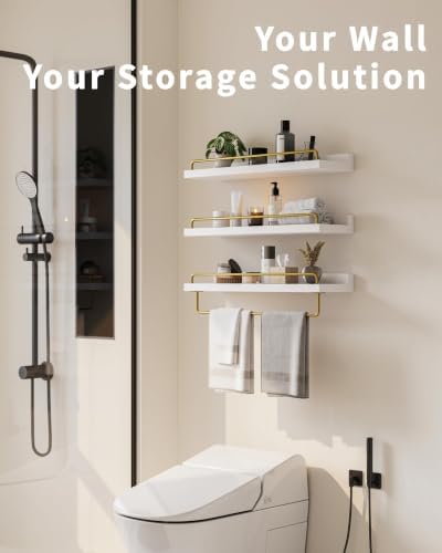 Seocry Bathroom Shelves, Wall Shelf Set of 3, Floating Shelves, Shelves for Room Wall, Bathroom Decor (White Gold, 15.7 