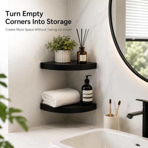 AHDECOR Black Corner Shelves, Modern Floating Corner Shelf for Space-Saving Storage in Bathroom, Bedroom, Kitchen, and M