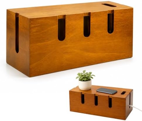 12" Acacia Wood Cable Management Box, Cord Hider Organizer
