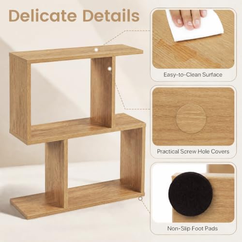 GIANTEX 3-Tier Wood S-Shaped Geometric Bookshelf Set of 2, Natural