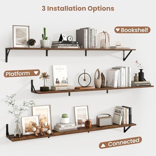 Axeman 55 Inch Floating Shelves, 8 Inch Deep Brown Wall Shelves Set of 2