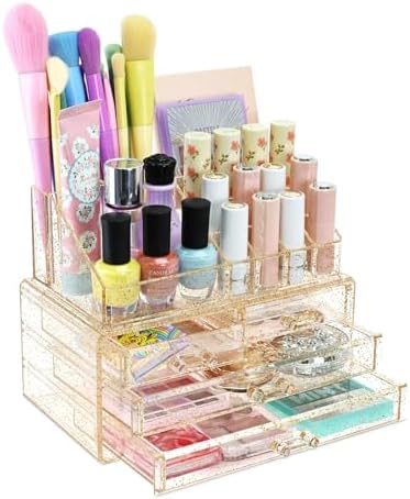 Ikee Design Acrylic Clear Makeup Cosmetics Lip Gloss Organizer,Gold