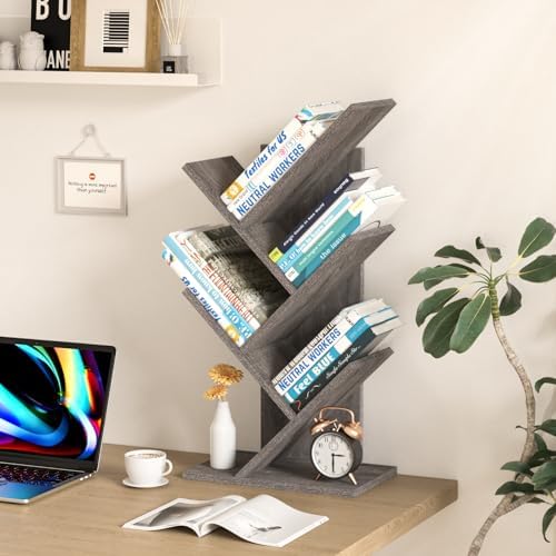 SHEEPAM Small Tree Book Shelf,5 Tier Bookshelf, Wood Desktop Bookcase
