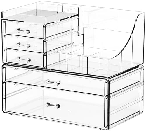 Yieach 2 Pack Clear Makeup Organizer Countertop for Dresser,Vanity and Bathroom Counter Organizer,Tiered Stackable Makeu