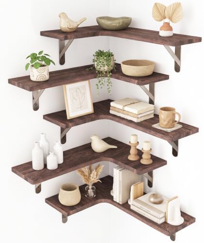 Fixwal Conner Shelves Wall Mounted for Decor, Walnut Brown Set of 5