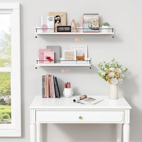 Forbena Floating Shelves for Wall 24 Inches Long, Modern White Wall Shelving Unit for Bedroom, Wood Hanging Shelf for Ki