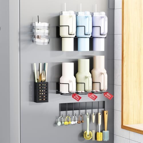 Magnetic Cup Holder for Fridge, Aufworld Tumbler Organizer with 8-Hook Rack, Fits 20/30/40 oz Stanley Cups, Accessory St