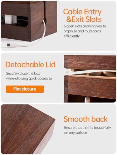 Wood Cable Management Box, Wire Organizer & Cable Hider Box with Lid, Power Strip Protector Boxs for Desk, Floor, Home, 