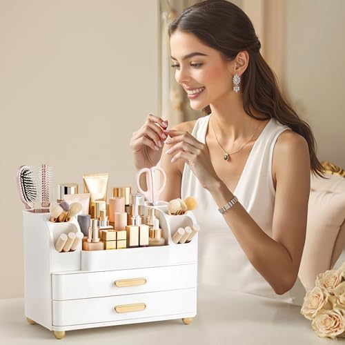 HBlife Makeup Organizer for Vanity with Brush Holder, Large Bathroom Countertop Cosmetic Organizer Skin Care Storage, Ea