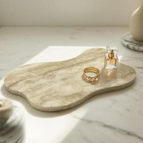 Cloud Shaped Travertine Vanity Tray, 13.3 x 8.3 Inch Natural Stone Decorative Catchall Tray for Bathroom Countertop, Bei