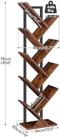 HOOBRO Tree Bookshelf, 9-Tier Bookcase Wooden Shelves, Floor Standing Storage Rack, for Display of CDs, Books in Living 