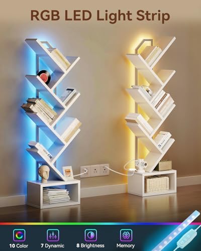 Casaottima Tree Bookshelf with LED Lights, 6-Tier Small Bookshelf, White