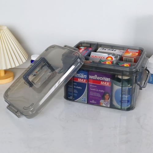 2-Tier Medicine Organizer - Plastic Portable Storage Box with Handle Grey