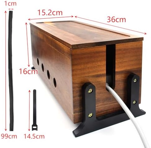 Large Wood Cable Management Box, Vintage Walnut Cord Organizer 14.1" x 6"