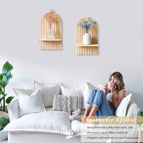 LIYAOLI Boho Plant Wall Shelf Set of 2, Wooden Floating Shelves for Decor