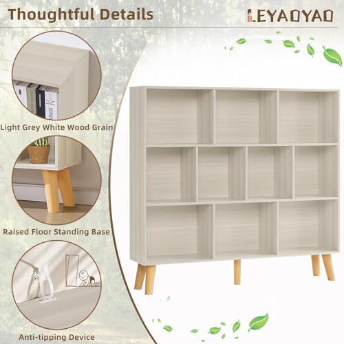 LEYAOYAO 10 Cube Bookshelf,Mid-Century Modern Bookcase with Legs,Light Grey