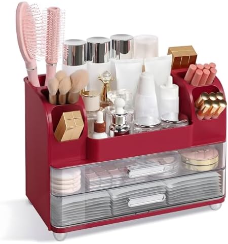 Makeup Organizer for Vanity with 2 Large Drawers and 6 Brush Holders, Red