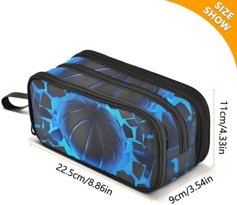 3d Basketball Blue Lighting Pencil Case Box Boys Girls Large Pencil Pouch with Zipper Compartments Big Capacity Stationery Pen Bag Organizer for Kids Teens Adults School