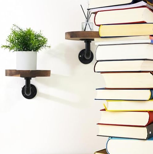 Round Wooden Floating Shelves Wall Mounted (Set of 2). Made of Acacia Wood. Industrial Pipe Brackets. A Unique Rustic Pe