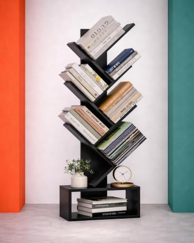 XBurmo 6 Tier Tree Bookshelf - Small Bookcase, Compact Book Tower with Drawer, Corner Bookshelf for Bedroom, Living Room