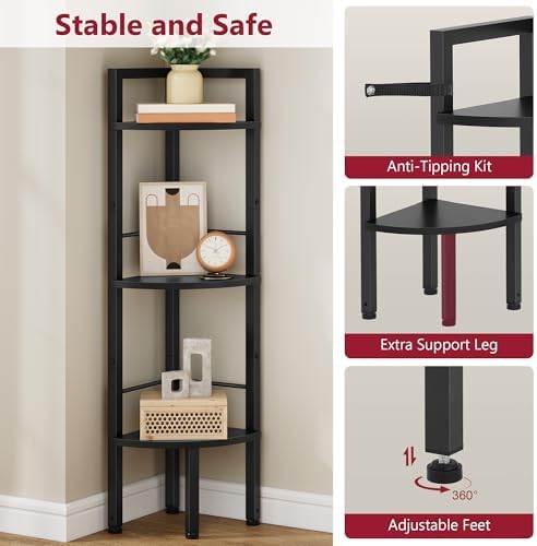 Tajsoon Small Corner Shelf Stand 3 Tier 39.5" with Metal Frame, Black