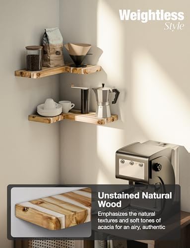 BATODA Acacia Corner Floating Shelves 17“x12”, Wall Shelves - Floating Book Shelves for Wall, Corner Bookshelf for Home 