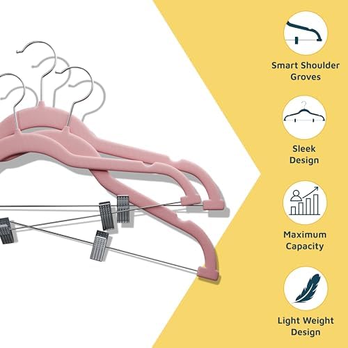 Lifemaster Velvet Pants Hangers – with Adjustable Clips, 360 Degree Swivel Hook, and Non-Slip Shoulder Notch, Holds Up to 10 lbs, for Organizing Skirt, Pants, Dress, and Clothes, Pack of 50, Pink