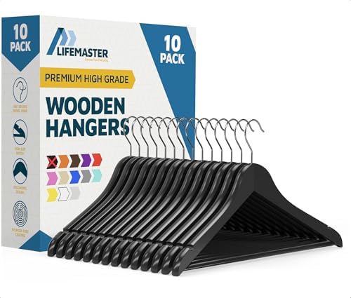 Lifemaster Wooden Clothes Hangers – with 360 Degree Swivel Hook and Non-Slip Shoulder Notch, Holds Up to 10 lbs, Pants B