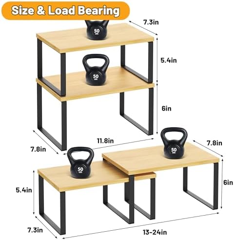 Kitchen Cabinet Organizer Shelf Set of 4, Sturdy Kitchen Counter Shelves with Metal Legs, Stackable Expandable Wood Spic