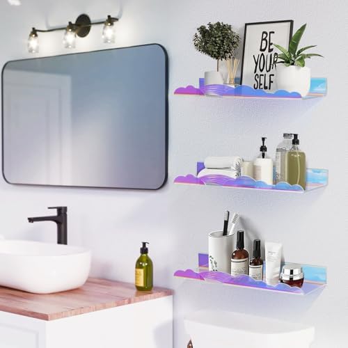 Iridescent Rainbow Acrylic Floating Shelves, Wall Mounted, 15in, 4 Pack
