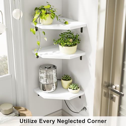 Alsonerbay Pine Wood Corner Shelves with Cable Cutout 3-Pack, White