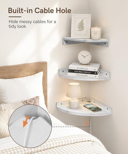 Corner Shelves for Wall, Distressed White Shelves with Cord Hole