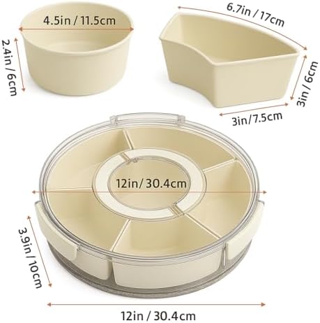 Divided Rotating Snackle Box Container, Veggie Tray with Lid for Fridge - Lazy Susan Snack Spinner with Handle, Rotating