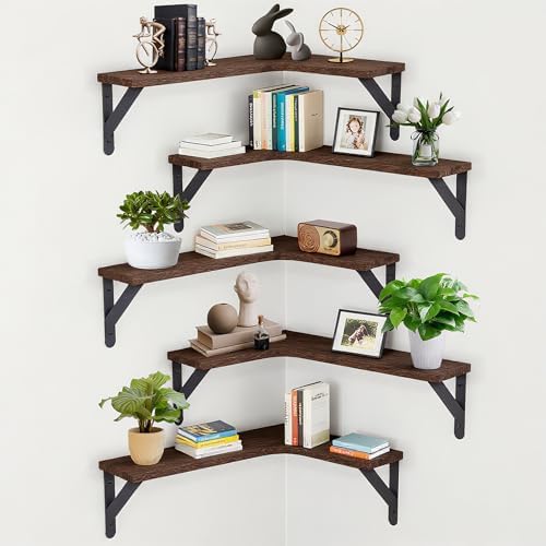 Corner Floating Shelves Set of 5, Rustic Wood Shelves, Dark Brown