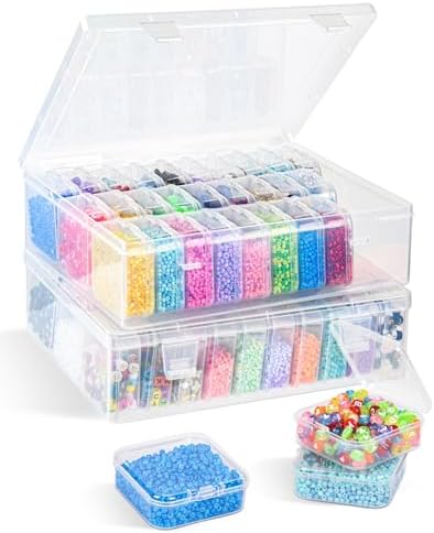Bead Organizer Box, 62 Pcs Clear Bead Storage Containers, Craft Organizers and Storage with Hinged Lids and Labels, Smal