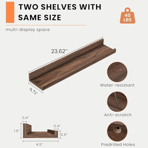 Heimlove Picture Ledge Shelf, Floating Shelves Set of 2, 24 Inches Picture Shelf for Wall with Ledge, Kids Bookshelf Wall Mounted for Living Room Bedroom Decor Books Photo Frames - Walnut