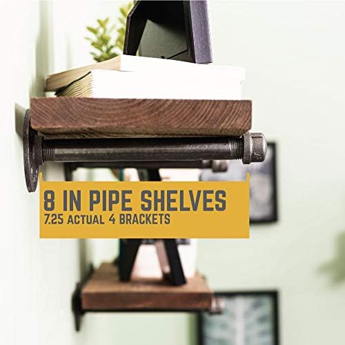 PIPE DECOR Industrial Pipe Shelf Brackets, 8 Inch, 4 Pack – Wall Mounted Double Flange Floating Shelf Brackets, Rustic V
