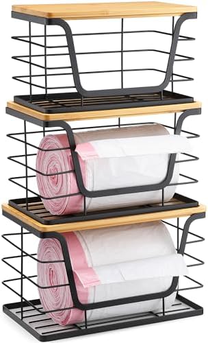 ALOCEO 3 Pack Stackable Storage Bins with Lids, Stainless Steel Trash Bag Dispenser Roll Holder for for Kitchen Sink, La