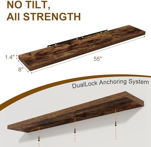 Fun Memories 55 Inch Floating Shelves for Wall 2 Pack Shelves for Bedroom|Kitchen|Bathroom Wall Mounted Rustic Wood Floa