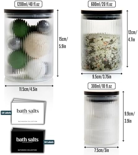 Mason & Fable 3x Ribbed Glass Bathroom Jars with Airtight Black Bamboo Lids | Cotton Pad/Buds/Q tip Holder | Bath Salt/S