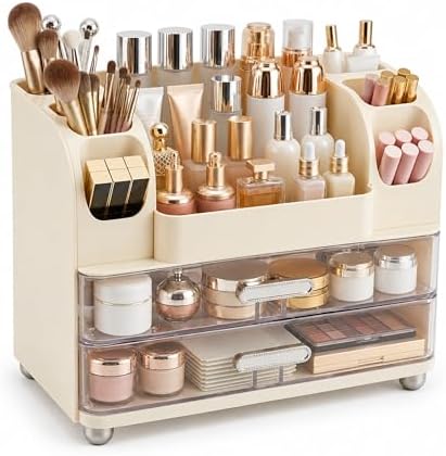 ROOM127 Makeup Organizer for Vanity with 2 Clear Drawers and Brush Holders