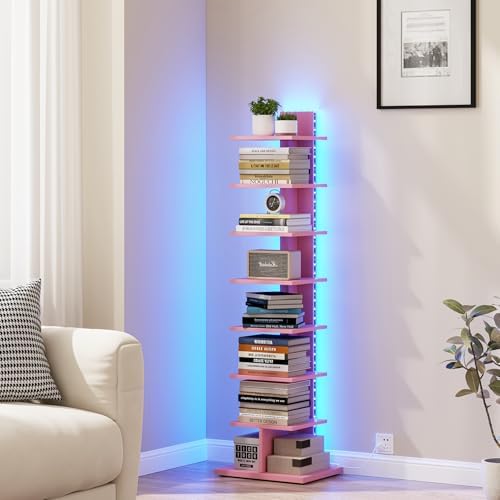 TUTOTAK Book Shelf, Narrow Spine Bookshelf, 8-Tier Bookcase with LED Lights