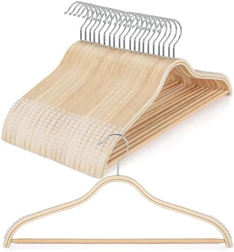 TOPIA HANGER Sleek Wooden Hangers with Non-Slip Rubber Grips, Sweater Hangers No Shoulder Bump, Lightweight Clothes Hangers for Women 20-Pack, 360° Swivel Hook and Pants Bar-CT63N20